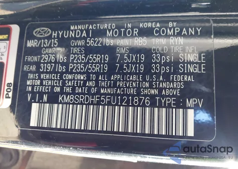 2015 Hyundai Santa Fe Gls z USA, uszkodzony, nr VIN KM8SRDHF5FU121876